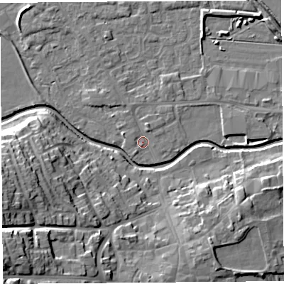 Shaded relief map of the ground around HR68DU, computed from Environment Agency LiDAR. The ground here sits at about 72 m above sea level and falls 24 m across the surrounding 800 m. Surface water reaching this point runs off ground lying to the north-north-east, 1.3 m higher.