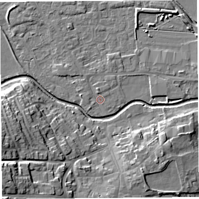Shaded relief map of the ground around HR68DX, computed from Environment Agency LiDAR. The ground here sits at about 71 m above sea level and falls 23 m across the surrounding 800 m. Surface water reaching this point runs off ground lying to the north, 1.3 m higher.