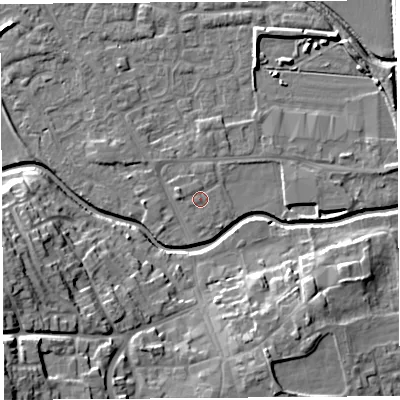 Shaded relief map of the ground around HR68DY, computed from Environment Agency LiDAR. The ground here sits at about 72 m above sea level and falls 21 m across the surrounding 800 m. Surface water reaching this point runs off ground lying to the west-north-west, 1.3 m higher.