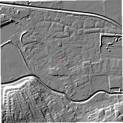 Shaded relief map of the ground around HR68DZ, computed from Environment Agency LiDAR. The ground here sits at about 72 m above sea level and falls 26 m across the surrounding 800 m. Surface water reaching this point runs off ground lying to the south-south-west, 1.4 m higher.