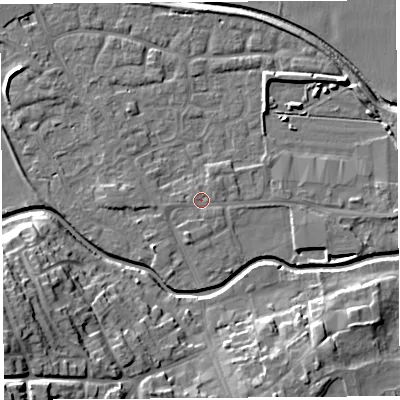 Shaded relief map of the ground around HR68EB, computed from Environment Agency LiDAR. The ground here sits at about 71 m above sea level and falls 21 m across the surrounding 800 m. Surface water reaching this point runs off ground lying to the south, 0.5 m higher.