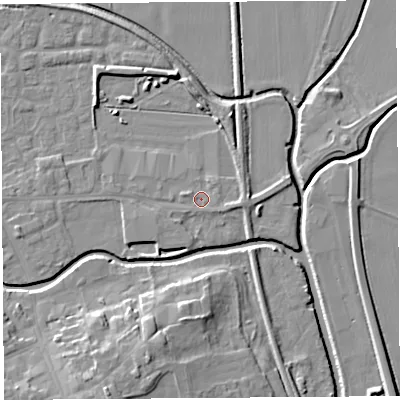 Shaded relief map of the ground around HR68EE, computed from Environment Agency LiDAR. The ground here sits at about 71 m above sea level and falls 11 m across the surrounding 800 m. Surface water reaching this point runs off ground lying to the west-north-west, 1.1 m higher.