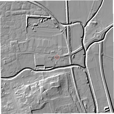 Shaded relief map of the ground around HR68EF, computed from Environment Agency LiDAR. The ground here sits at about 71 m above sea level and falls 11 m across the surrounding 800 m. Surface water reaching this point runs off ground lying to the west-south-west, 1.5 m higher.