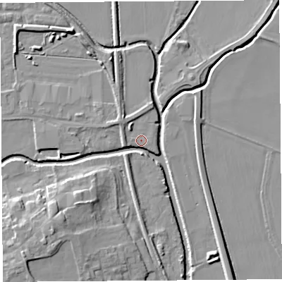 Shaded relief map of the ground around HR68EG, computed from Environment Agency LiDAR. The ground here sits at about 71 m above sea level and falls 11 m across the surrounding 800 m. Surface water reaching this point runs off ground lying to the south-west, 10.4 m higher.