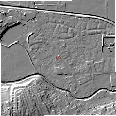 Shaded relief map of the ground around HR68EH, computed from Environment Agency LiDAR. The ground here sits at about 72 m above sea level and falls 28 m across the surrounding 800 m. The ground contributing surface water to this point lies to the north-north-east.