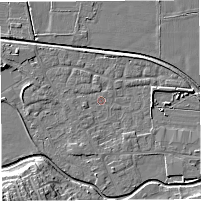 Shaded relief map of the ground around HR68EJ, computed from Environment Agency LiDAR. The ground here sits at about 71 m above sea level and falls 19 m across the surrounding 800 m. Surface water reaching this point runs off ground lying to the west, 1.8 m higher.
