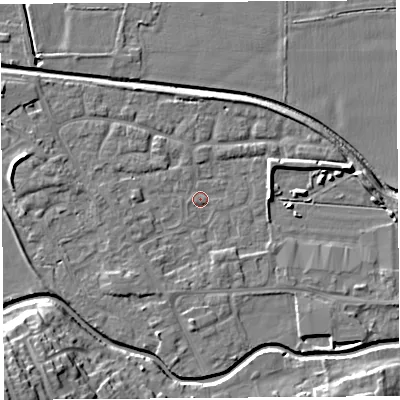 Shaded relief map of the ground around HR68EL, computed from Environment Agency LiDAR. The ground here sits at about 71 m above sea level and falls 17 m across the surrounding 800 m. Surface water reaching this point runs off ground lying to the west, 0.8 m higher.