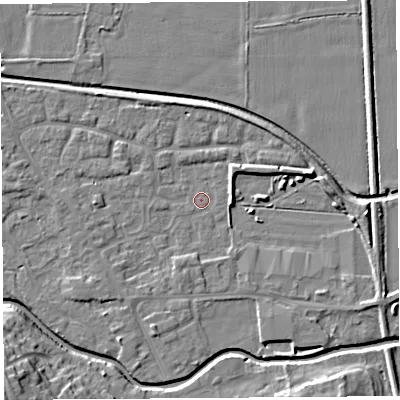 Shaded relief map of the ground around HR68EN, computed from Environment Agency LiDAR. The ground here sits at about 71 m above sea level and falls 14 m across the surrounding 800 m. Surface water reaching this point runs off ground lying to the south-west, 3.1 m higher.