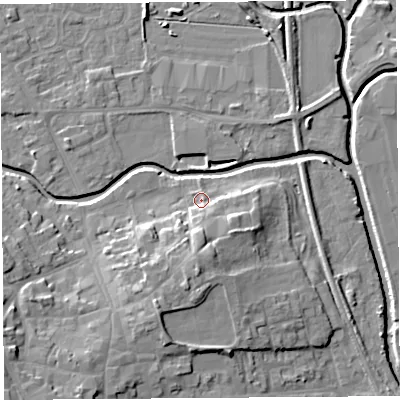 Shaded relief map of the ground around HR68EQ, computed from Environment Agency LiDAR. The ground here sits at about 72 m above sea level and falls 14 m across the surrounding 800 m. Surface water reaching this point runs off ground lying to the south-south-east, 4.3 m higher.