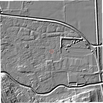 Shaded relief map of the ground around HR68EW, computed from Environment Agency LiDAR. The ground here sits at about 71 m above sea level and falls 16 m across the surrounding 800 m. Surface water reaching this point runs off ground lying to the south-west, 2.0 m higher.