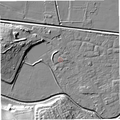 Shaded relief map of the ground around HR68FA, computed from Environment Agency LiDAR. The ground here sits at about 72 m above sea level and falls 21 m across the surrounding 800 m. Surface water reaching this point runs off ground lying to the north-west, 2.8 m higher.