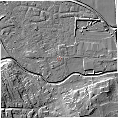 Shaded relief map of the ground around HR68FB, computed from Environment Agency LiDAR. The ground here sits at about 72 m above sea level and falls 21 m across the surrounding 800 m. Surface water reaching this point runs off ground lying to the south-west, 0.6 m higher.