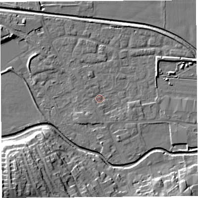 Shaded relief map of the ground around HR68FD, computed from Environment Agency LiDAR. The ground here sits at about 71 m above sea level and falls 25 m across the surrounding 800 m. Surface water reaching this point runs off ground lying to the south-south-west, 1.8 m higher.