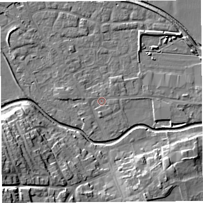 Shaded relief map of the ground around HR68FH, computed from Environment Agency LiDAR. The ground here sits at about 71 m above sea level and falls 22 m across the surrounding 800 m. Surface water reaching this point runs off ground lying to the south-east, 0.5 m higher.