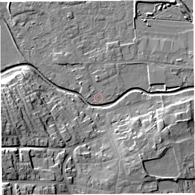 Shaded relief map of the ground around HR68HX, computed from Environment Agency LiDAR. The ground here sits at about 71 m above sea level and falls 24 m across the surrounding 800 m. Surface water reaching this point runs off ground lying to the north, 1.4 m higher.