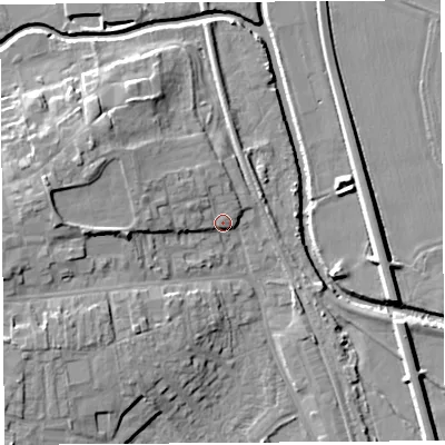 Shaded relief map of the ground around HR68NN, computed from Environment Agency LiDAR. The ground here sits at about 72 m above sea level and falls 12 m across the surrounding 800 m. Surface water reaching this point runs off ground lying to the west-north-west, 4.9 m higher.