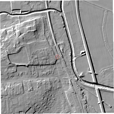 Shaded relief map of the ground around HR68NS, computed from Environment Agency LiDAR. The ground here sits at about 71 m above sea level and falls 12 m across the surrounding 800 m. Surface water reaching this point runs off ground lying to the west-north-west, 2.6 m higher.