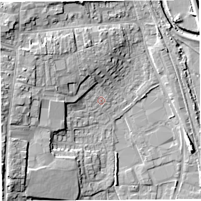 Shaded relief map of the ground around HR68NU, computed from Environment Agency LiDAR. The ground here sits at about 70 m above sea level and falls 13 m across the surrounding 800 m. Surface water reaching this point runs off ground lying to the north-west, 6.6 m higher.