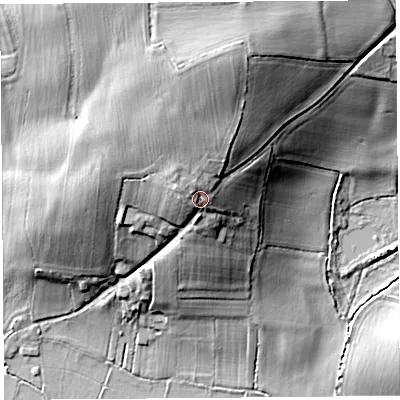 Shaded relief map of the ground around HR68QD, computed from Environment Agency LiDAR. The ground here sits at about 85 m above sea level and falls 24 m across the surrounding 800 m. Surface water reaching this point runs off ground lying to the north, 5.7 m higher.