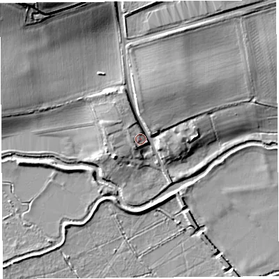 Shaded relief map of the ground around HR68QG, computed from Environment Agency LiDAR. The ground here sits at about 70 m above sea level and falls 15 m across the surrounding 800 m. Surface water reaching this point runs off ground lying to the north, 5.1 m higher.