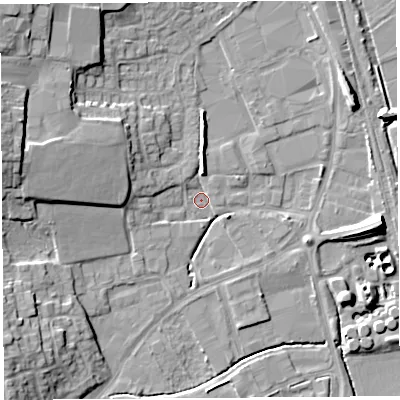 Shaded relief map of the ground around HR68SR, computed from Environment Agency LiDAR. The ground here sits at about 68 m above sea level and falls 13 m across the surrounding 800 m. Surface water reaching this point runs off ground lying to the west-north-west, 7.8 m higher.