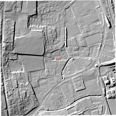 Shaded relief map of the ground around HR68ST, computed from Environment Agency LiDAR. The ground here sits at about 68 m above sea level and falls 14 m across the surrounding 800 m. Surface water reaching this point runs off ground lying to the west-north-west, 7.8 m higher.