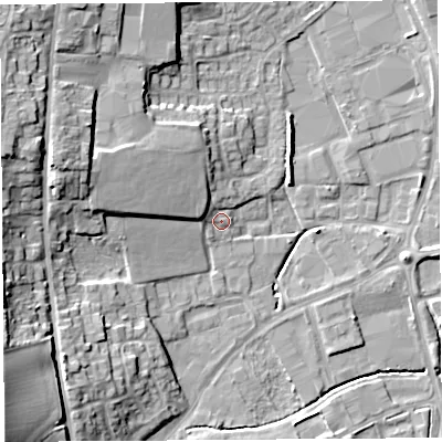 Shaded relief map of the ground around HR68SU, computed from Environment Agency LiDAR. The ground here sits at about 69 m above sea level and falls 20 m across the surrounding 800 m. Surface water reaching this point runs off ground lying to the north-west, 5.4 m higher.