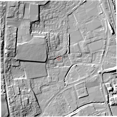 Shaded relief map of the ground around HR68SX, computed from Environment Agency LiDAR. The ground here sits at about 69 m above sea level and falls 14 m across the surrounding 800 m. Surface water reaching this point runs off ground lying to the west-north-west, 5.9 m higher.