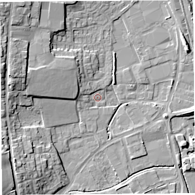 Shaded relief map of the ground around HR68SY, computed from Environment Agency LiDAR. The ground here sits at about 68 m above sea level and falls 14 m across the surrounding 800 m. Surface water reaching this point runs off ground lying to the west-north-west, 7.8 m higher.