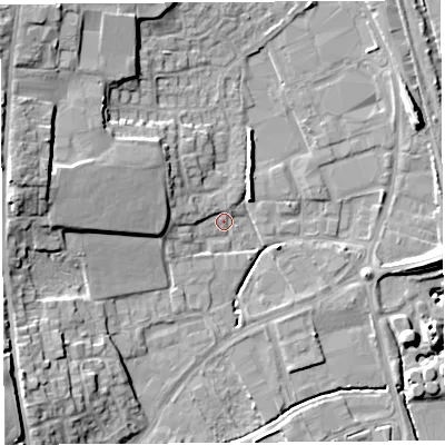 Shaded relief map of the ground around HR68SZ, computed from Environment Agency LiDAR. The ground here sits at about 68 m above sea level and falls 14 m across the surrounding 800 m. Surface water reaching this point runs off ground lying to the west-north-west, 7.8 m higher.