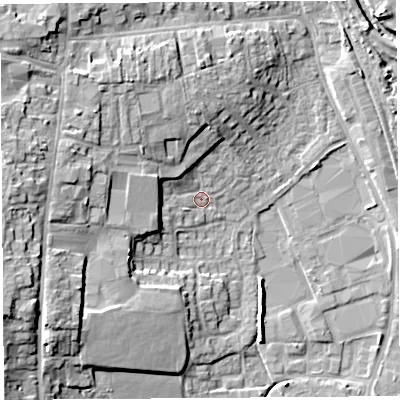 Shaded relief map of the ground around HR68TH, computed from Environment Agency LiDAR. The ground here sits at about 70 m above sea level and falls 13 m across the surrounding 800 m. Surface water reaching this point runs off ground lying to the north-west, 10.6 m higher.