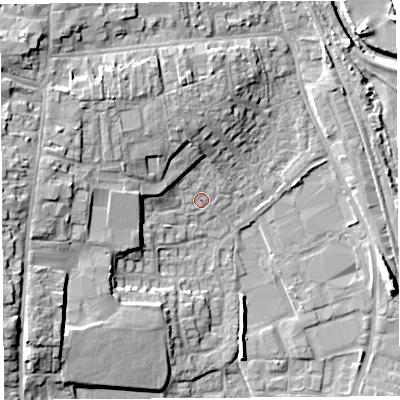 Shaded relief map of the ground around HR68TJ, computed from Environment Agency LiDAR. The ground here sits at about 69 m above sea level and falls 13 m across the surrounding 800 m. Surface water reaching this point runs off ground lying to the north-west, 10.8 m higher.