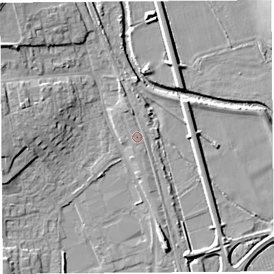 Shaded relief map of the ground around HR68TN, computed from Environment Agency LiDAR. The ground here sits at about 70 m above sea level and falls 10 m across the surrounding 800 m. Surface water reaching this point runs off ground lying to the north, 2.3 m higher.