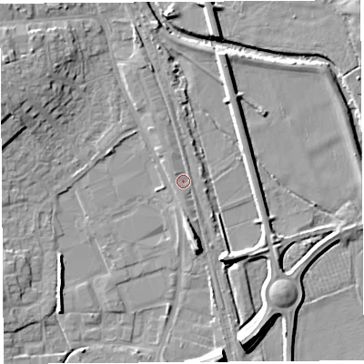 Shaded relief map of the ground around HR68TW, computed from Environment Agency LiDAR. The ground here sits at about 69 m above sea level and falls 9 m across the surrounding 800 m. Surface water reaching this point runs off ground lying to the north, 2.7 m higher.