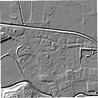 Shaded relief map of the ground around HR68UH, computed from Environment Agency LiDAR. The ground here sits at about 72 m above sea level and falls 16 m across the surrounding 800 m. Surface water reaching this point runs off ground lying to the south-west, 1.8 m higher.