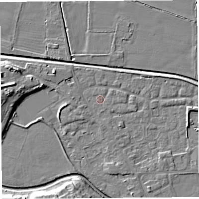 Shaded relief map of the ground around HR68UJ, computed from Environment Agency LiDAR. The ground here sits at about 72 m above sea level and falls 13 m across the surrounding 800 m. Surface water reaching this point runs off ground lying to the west, 2.0 m higher.