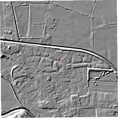 Shaded relief map of the ground around HR68UL, computed from Environment Agency LiDAR. The ground here sits at about 72 m above sea level and falls 9 m across the surrounding 800 m. Surface water reaching this point runs off ground lying to the west, 5.1 m higher.