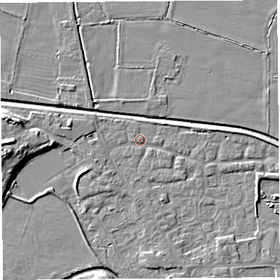 Shaded relief map of the ground around HR68UN, computed from Environment Agency LiDAR. The ground here sits at about 72 m above sea level and falls 11 m across the surrounding 800 m. Surface water reaching this point runs off ground lying to the west, 8.5 m higher.