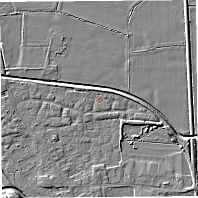 Shaded relief map of the ground around HR68UP, computed from Environment Agency LiDAR. The ground here sits at about 71 m above sea level and falls 7 m across the surrounding 800 m. Surface water reaching this point runs off ground lying to the north-west, 1.7 m higher.