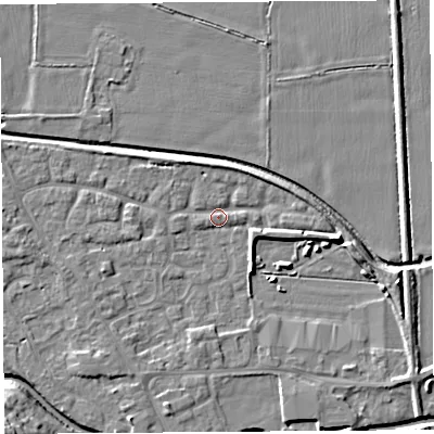 Shaded relief map of the ground around HR68UR, computed from Environment Agency LiDAR. The ground here sits at about 71 m above sea level and falls 11 m across the surrounding 800 m. Surface water reaching this point runs off ground lying to the south-west, 3.1 m higher.