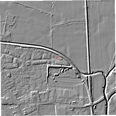 Shaded relief map of the ground around HR68UT, computed from Environment Agency LiDAR. The ground here sits at about 71 m above sea level and falls 7 m across the surrounding 800 m. Surface water reaching this point runs off ground lying to the south-south-west, 1.1 m higher.