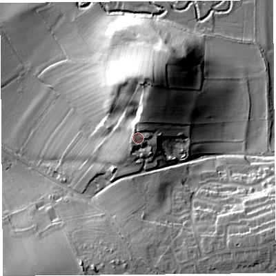 Shaded relief map of the ground around HR69AH, computed from Environment Agency LiDAR. The ground here sits at about 99 m above sea level and falls 35 m across the surrounding 800 m. Surface water reaching this point runs off ground lying to the north-north-east, 3.0 m higher.