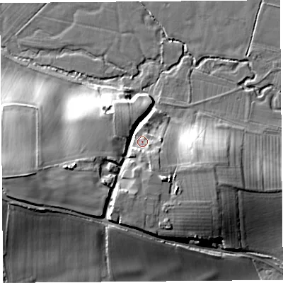 Shaded relief map of the ground around HR69AP, computed from Environment Agency LiDAR. The ground here sits at about 87 m above sea level and falls 20 m across the surrounding 800 m. Surface water reaching this point runs off ground lying to the south-south-east, 4.4 m higher.
