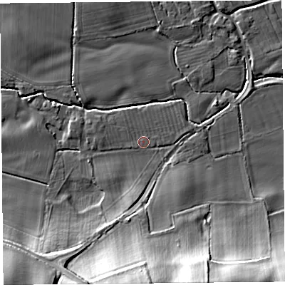 Shaded relief map of the ground around HR69AR, computed from Environment Agency LiDAR. The ground here sits at about 86 m above sea level and falls 23 m across the surrounding 800 m. Surface water reaching this point runs off ground lying to the south, 20.4 m higher.
