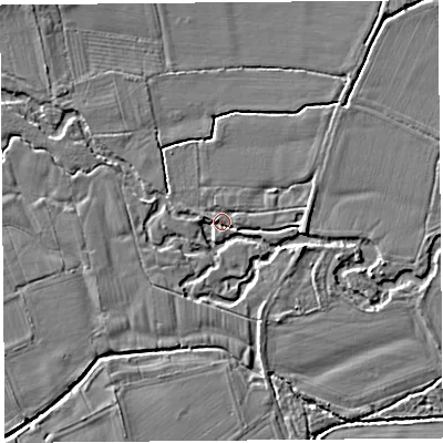 Shaded relief map of the ground around HR69AT, computed from Environment Agency LiDAR. The ground here sits at about 79 m above sea level and falls 5 m across the surrounding 800 m. Surface water reaching this point runs off ground lying to the west-north-west, 1.4 m higher.