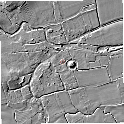Shaded relief map of the ground around HR69BB, computed from Environment Agency LiDAR. The ground here sits at about 85 m above sea level and falls 9 m across the surrounding 800 m. Surface water reaching this point runs off ground lying to the west-south-west, 1.3 m higher.