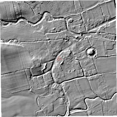 Shaded relief map of the ground around HR69BD, computed from Environment Agency LiDAR. The ground here sits at about 85 m above sea level and falls 10 m across the surrounding 800 m. Surface water reaching this point runs off ground lying to the west, 8.1 m higher.