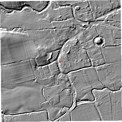 Shaded relief map of the ground around HR69BE, computed from Environment Agency LiDAR. The ground here sits at about 86 m above sea level and falls 10 m across the surrounding 800 m. Surface water reaching this point runs off ground lying to the west-north-west, 8.5 m higher.