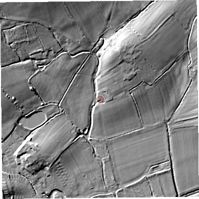 Shaded relief map of the ground around HR69BG, computed from Environment Agency LiDAR. The ground here sits at about 89 m above sea level and falls 20 m across the surrounding 800 m. Surface water reaching this point runs off ground lying to the north-west, 14.6 m higher.