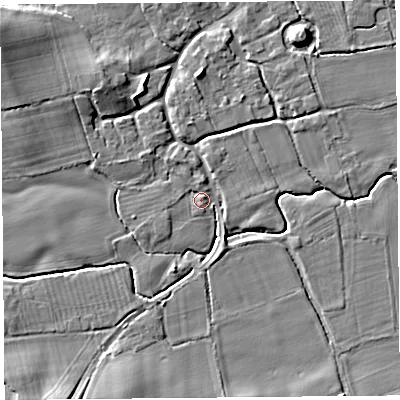 Shaded relief map of the ground around HR69BH, computed from Environment Agency LiDAR. The ground here sits at about 85 m above sea level and falls 10 m across the surrounding 800 m. Surface water reaching this point runs off ground lying to the north-west, 9.0 m higher.